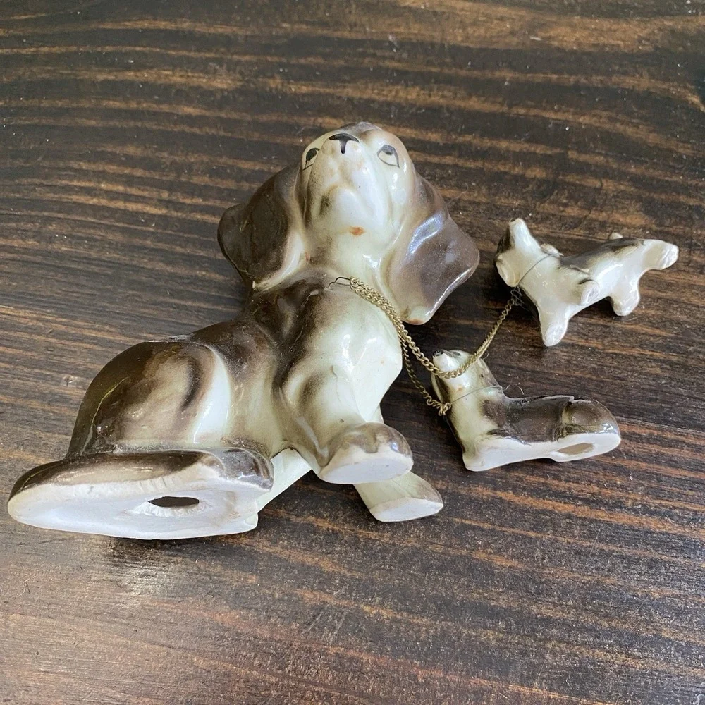VTG DACHSHUND‎ Ceramic Figurines Mom And 2 Puppies Brown & White Flaw